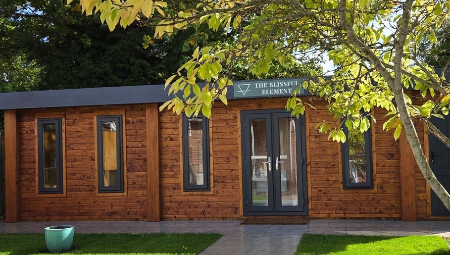 Entrance to The Blissful Element, a serene wooden cabin in Chandler's Ford, England, GB.