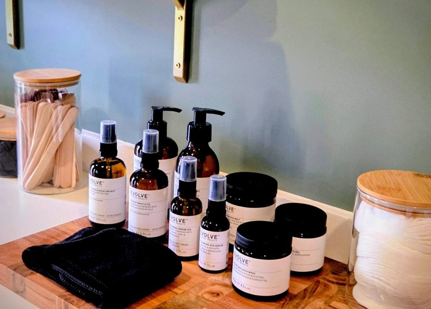 Beauty products and jars at The Blissful Element in Chandler's Ford, England, GB - calming spa setup.