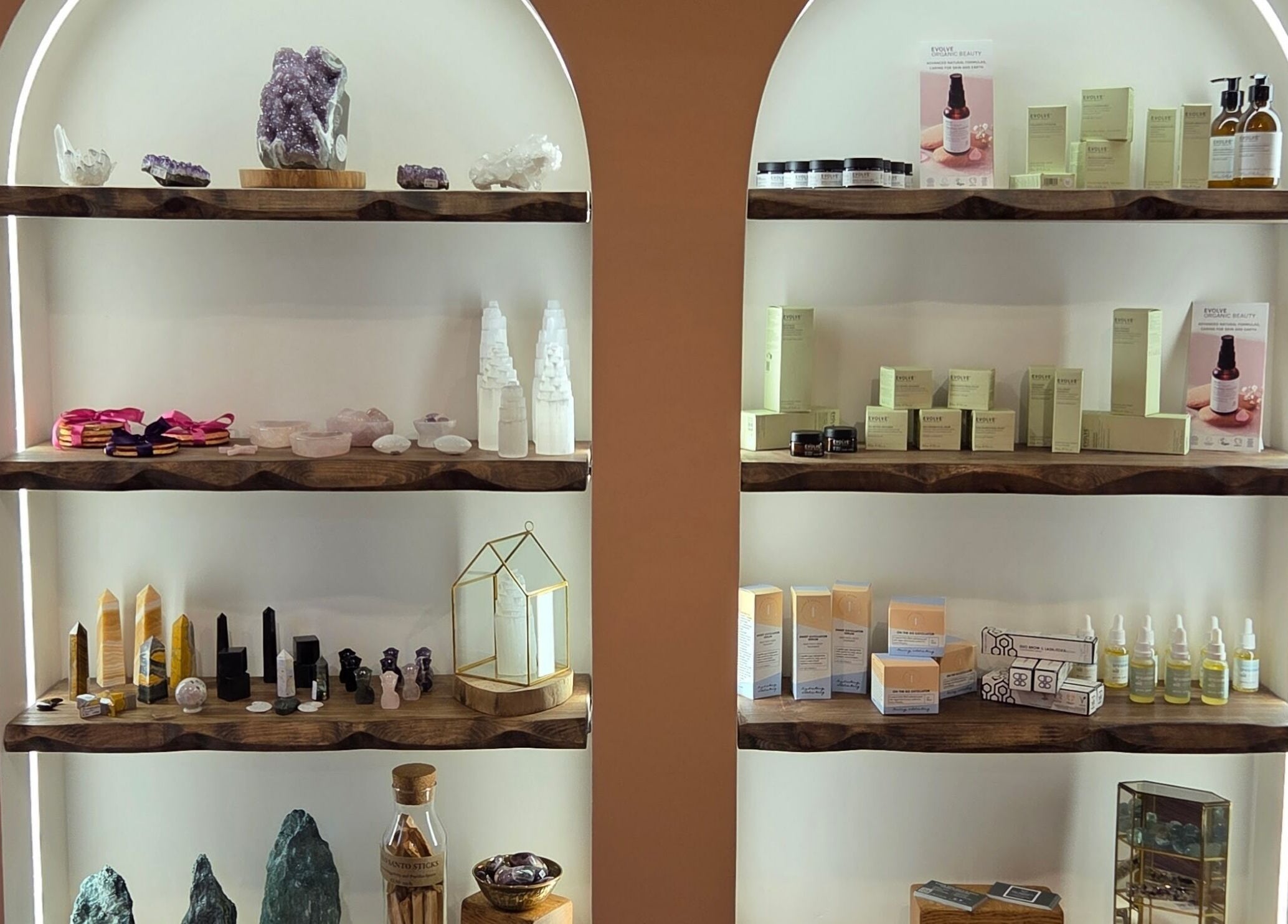 Display of crystals and skincare products at The Blissful Element, Chandler's Ford, England, GB.