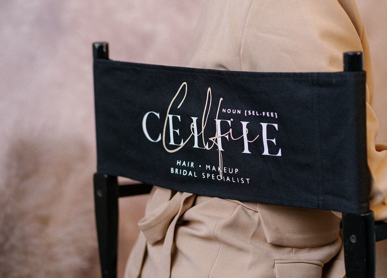 Celfie Bridal Hair and Makeup branded chair at Midsomer Norton, England, GB venue.