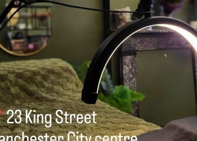 Relaxing lash treatment room at LashesbyEmma, Manchester, England. Soft lighting enhances the calming ambiance.