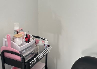 Beauty essentials at Lash&Brow Glow, Toronto, Ontario, CA in a neatly organized cart.