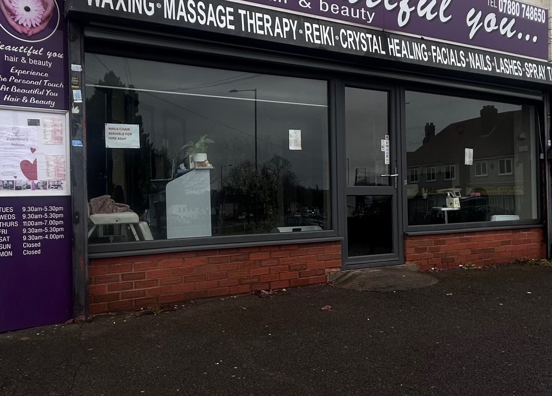 Front view of Beautiful You salon in Birmingham, England, GB, showcasing services offered.