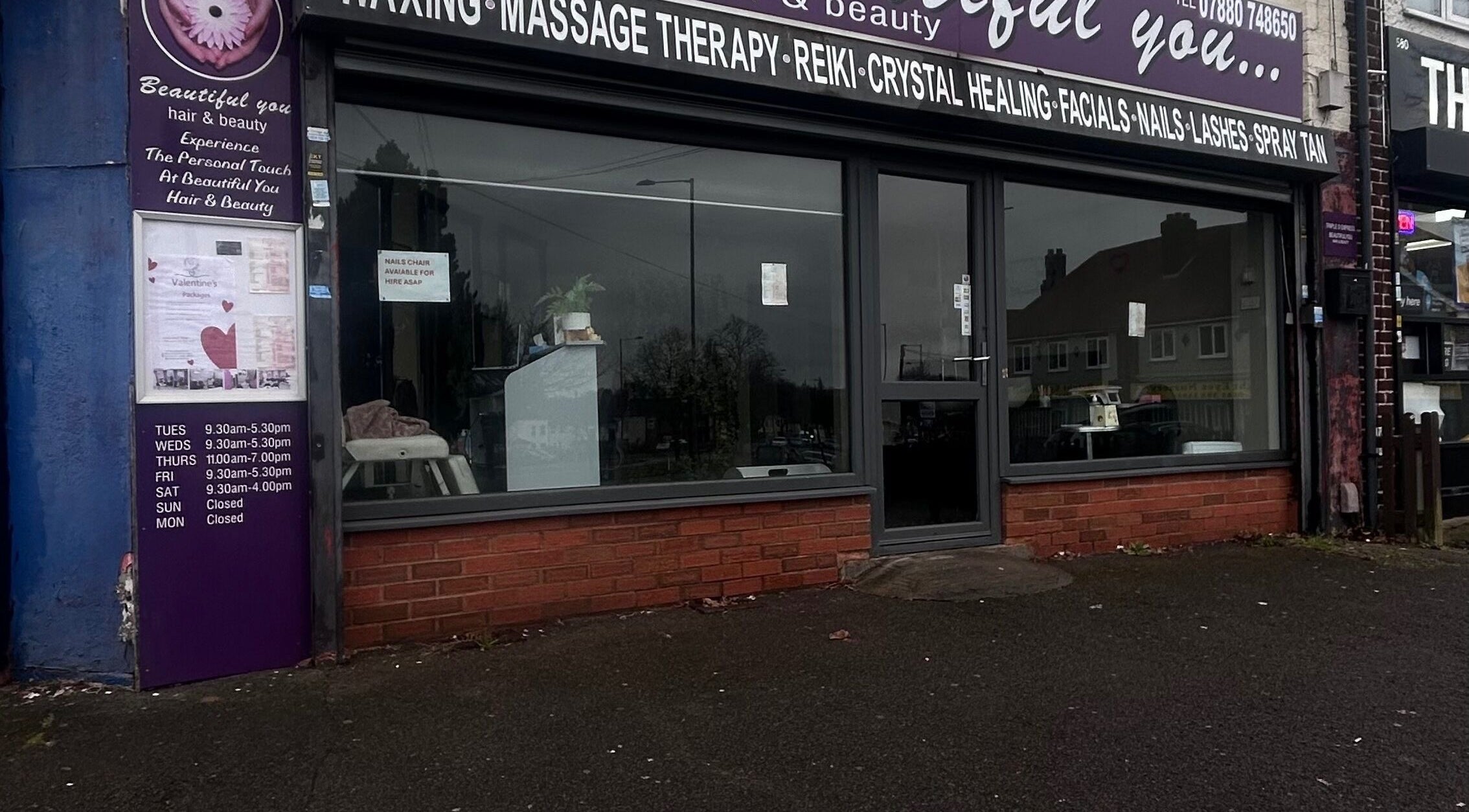 Front view of Beautiful You salon in Birmingham, England, GB, showcasing services offered.