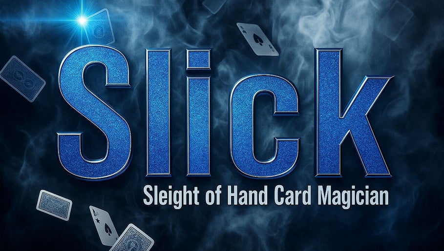 Slick Magic logo with floating cards in Stratford Upon Avon, GB. Sleek design highlighting card trick mastery.