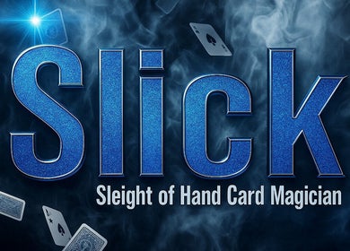 Slick Magic logo with floating cards in Stratford Upon Avon, GB. Sleek design highlighting card trick mastery.