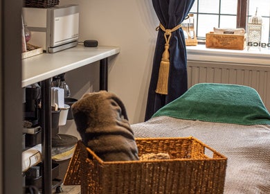 Cozy treatment room at Posh Nail and Beauty in Aston-on-trent, England, GB with a massage table and elegant decor.