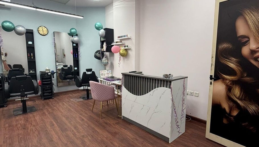 Chic interior of Royal Amber lady salon in Dubai, Dubai, AE with stylish decor and hair stations.