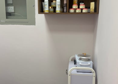 Beauty products and equipment at Royal Amber Lady Salon in Dubai, Dubai, AE, showcasing a relaxing treatment area.