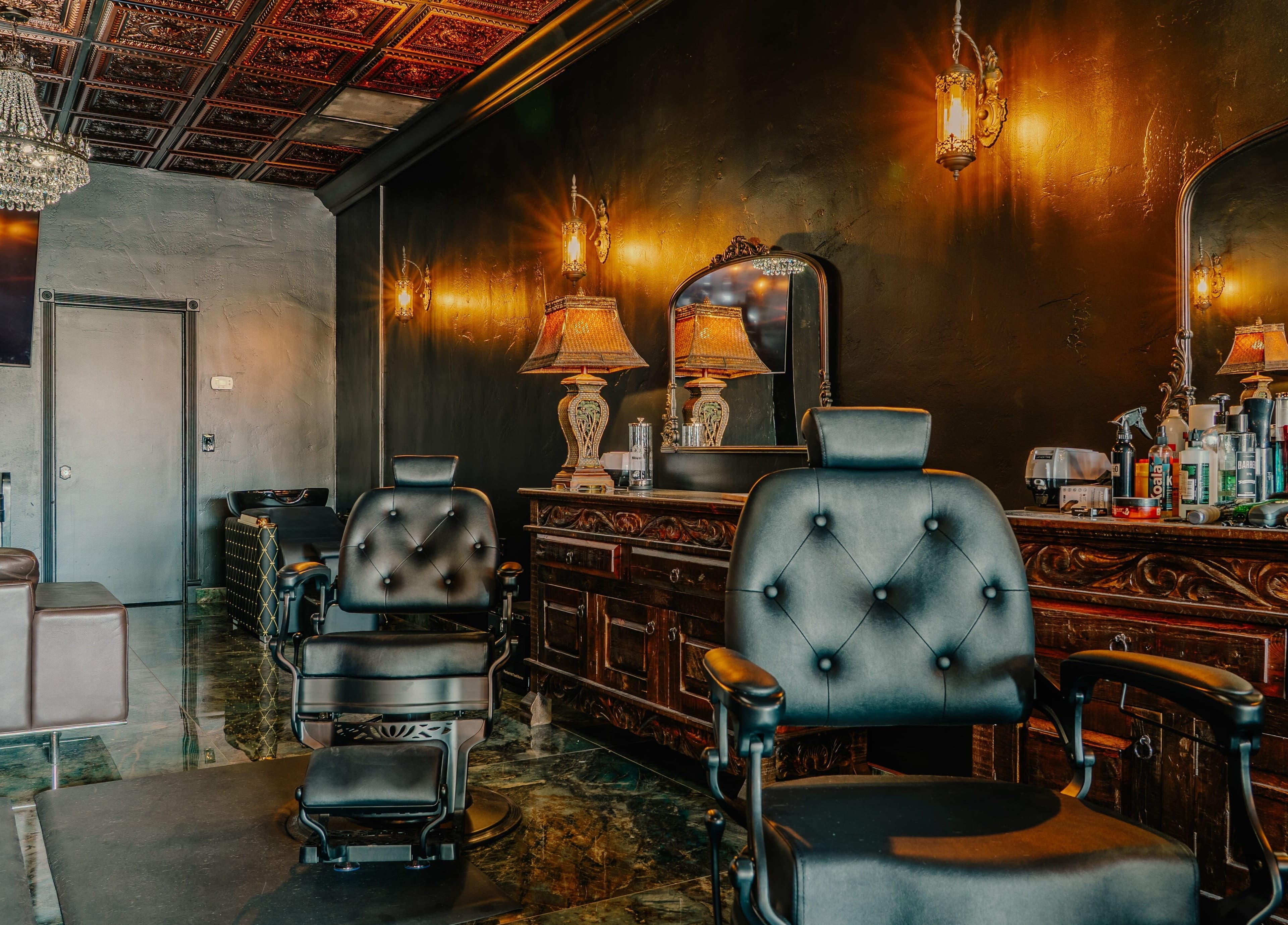 Elegant interior of Cut Republic Sedona, featuring plush chairs and vintage decor in Sedona, Arizona, US.