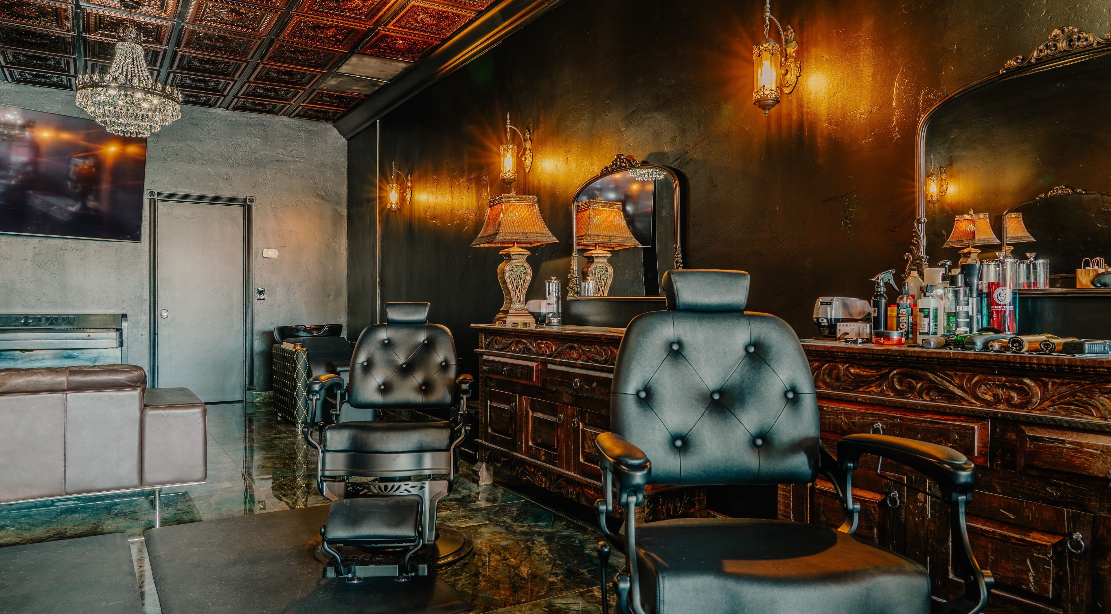 Elegant interior of Cut Republic Sedona, featuring plush chairs and vintage decor in Sedona, Arizona, US.