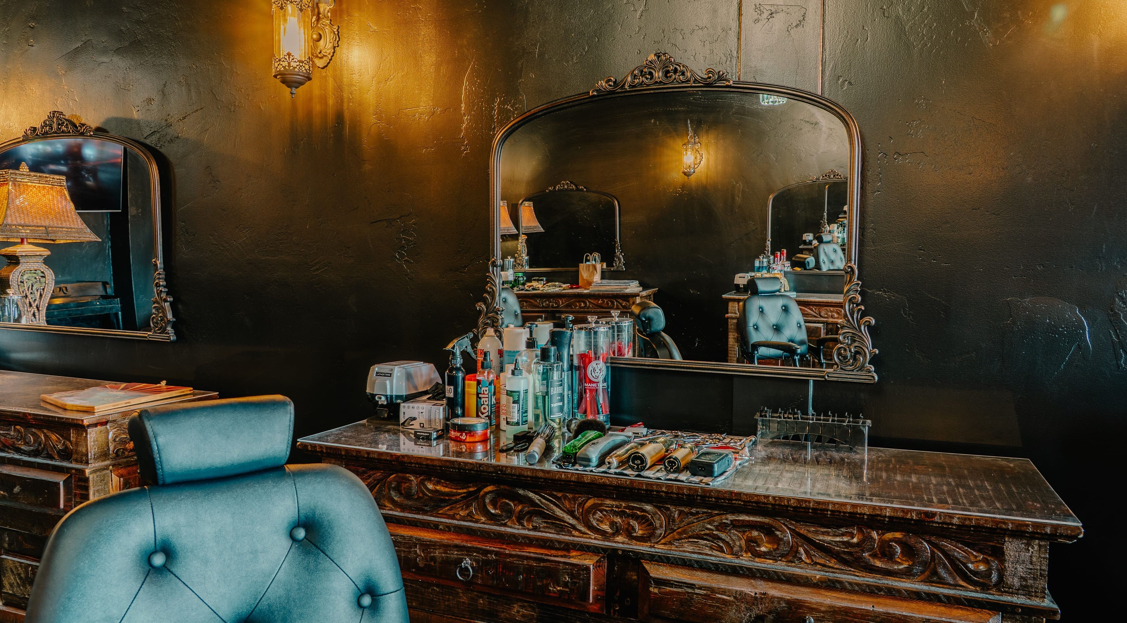 Elegant salon interior at Cut Republic Sedona featuring vintage decor in Sedona, Arizona, US.