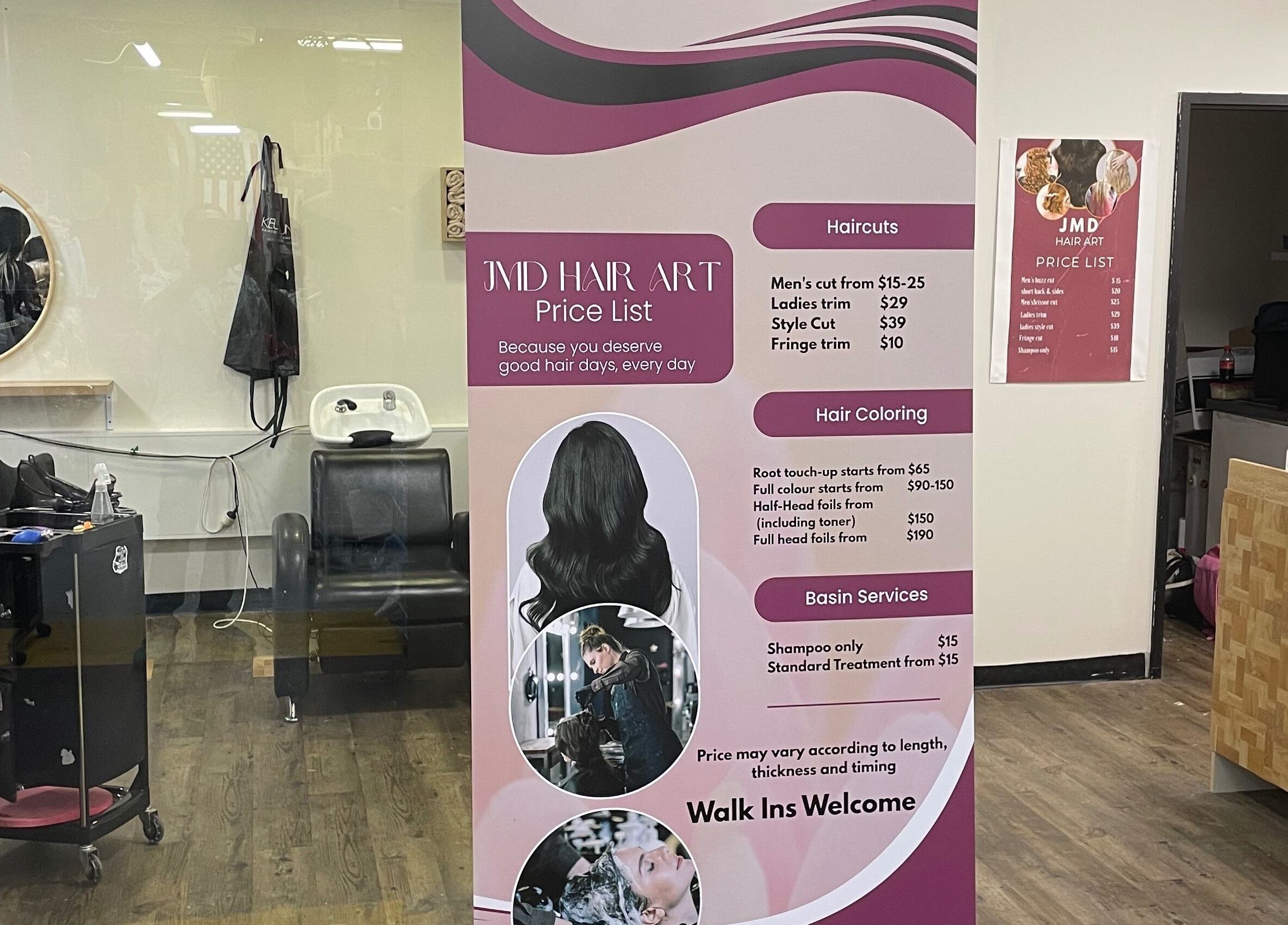 JMD Hair Art Malaga pricing board displays hair services at salon in Malaga, Western Australia, AU.