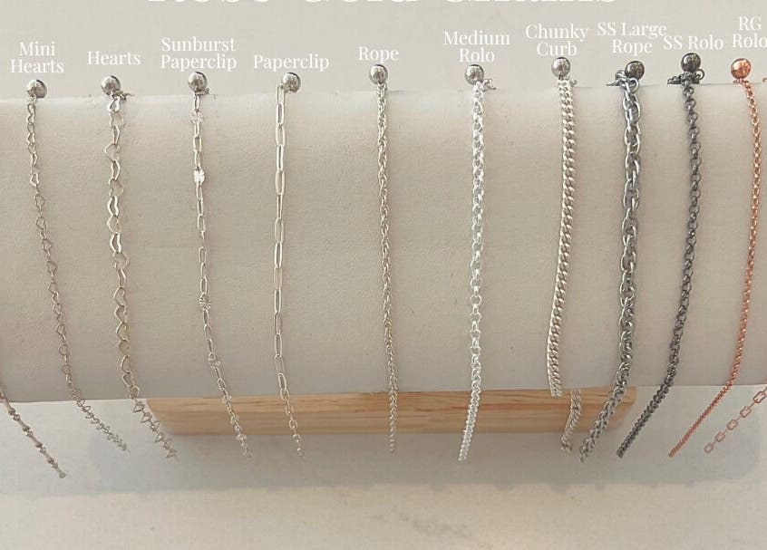 Variety of chains at LINKED Permanent Jewelry (Mobile Home Appointments UAE), Dubai, AE.