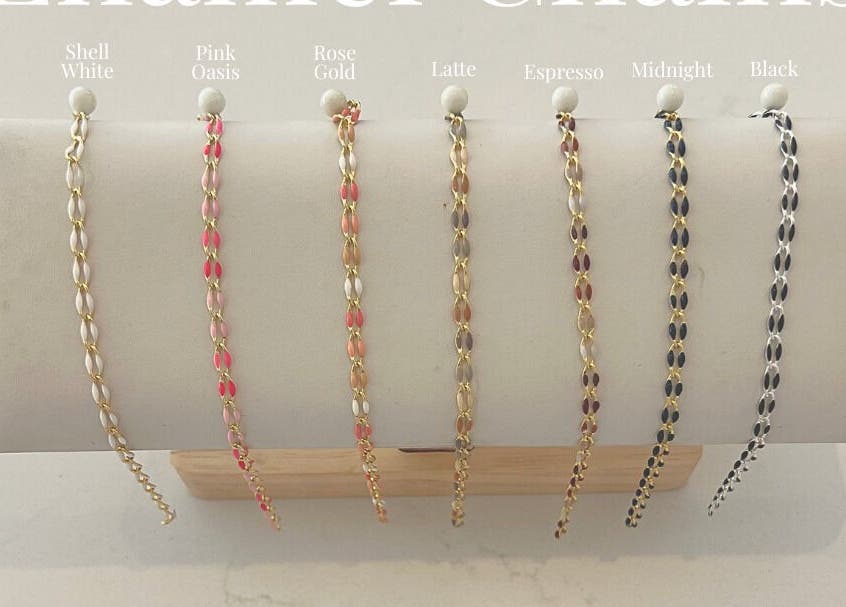 Colorful chain bracelets at LINKED Permanent Jewelry (Mobile Home Appointments UAE), Dubai, AE.