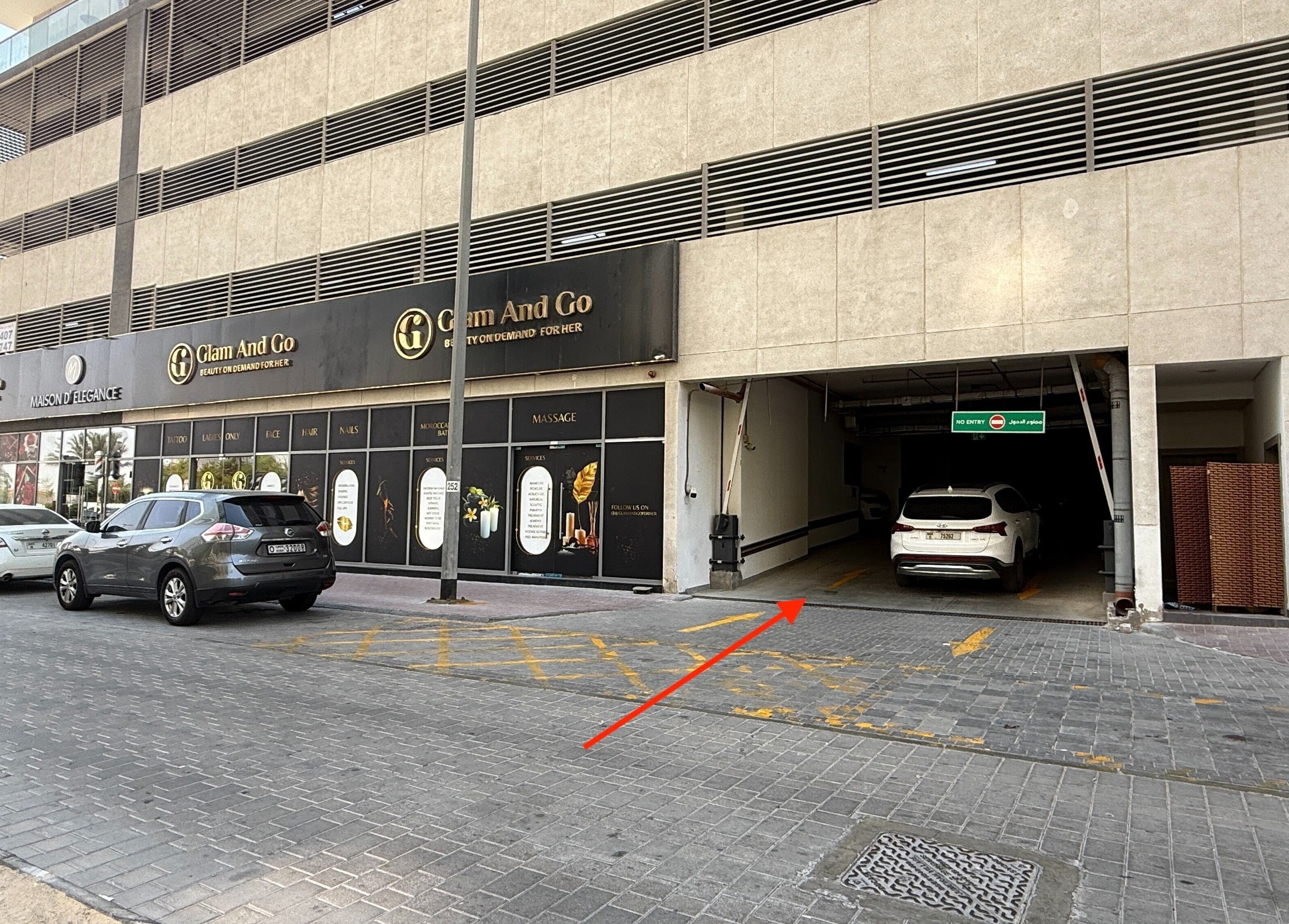Exterior of Glam & Go Salon JVC in Dubai, Dubai, AE, displaying signage and entrance.