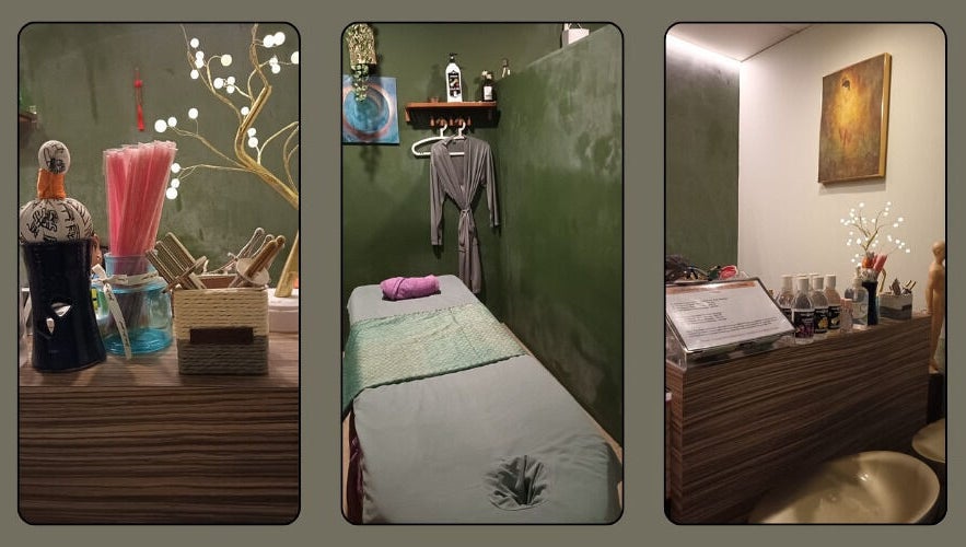 Relaxing massage room at JY Aromatherapy, Bayan Lepas, Penang, MY with ambient lighting and essentials.