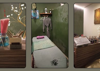 Relaxing massage room at JY Aromatherapy, Bayan Lepas, Penang, MY with ambient lighting and essentials.
