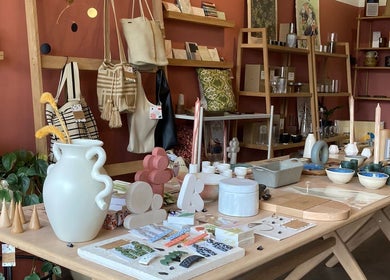 Chic crafts and decor at Wardrobe Of Friends, Stockport, England, GB. Stylish shelves, unique pottery, totes, and vases.