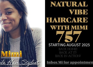 Smiling stylist promoting Natural Vibe Haircare Va in Newport News, Virginia, US, starting August 2025.