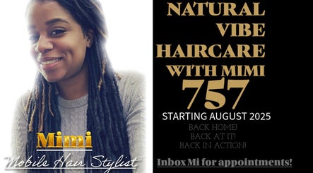 Smiling stylist promoting Natural Vibe Haircare Va in Newport News, Virginia, US, starting August 2025.