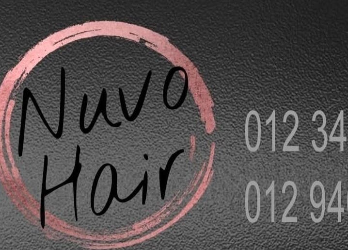 Nuvo Hair logo with contact details in Pretoria, Gauteng, ZA, showcasing elegance and style.
