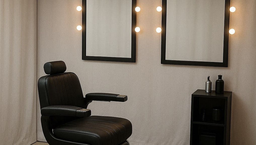 Stylish barber chair at Moe Studio, Ottawa, Ontario, CA, with dual lighted mirrors enhancing the ambiance.