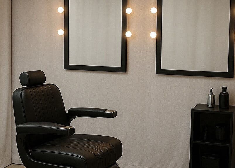 Stylish barber chair at Moe Studio, Ottawa, Ontario, CA, with dual lighted mirrors enhancing the ambiance.