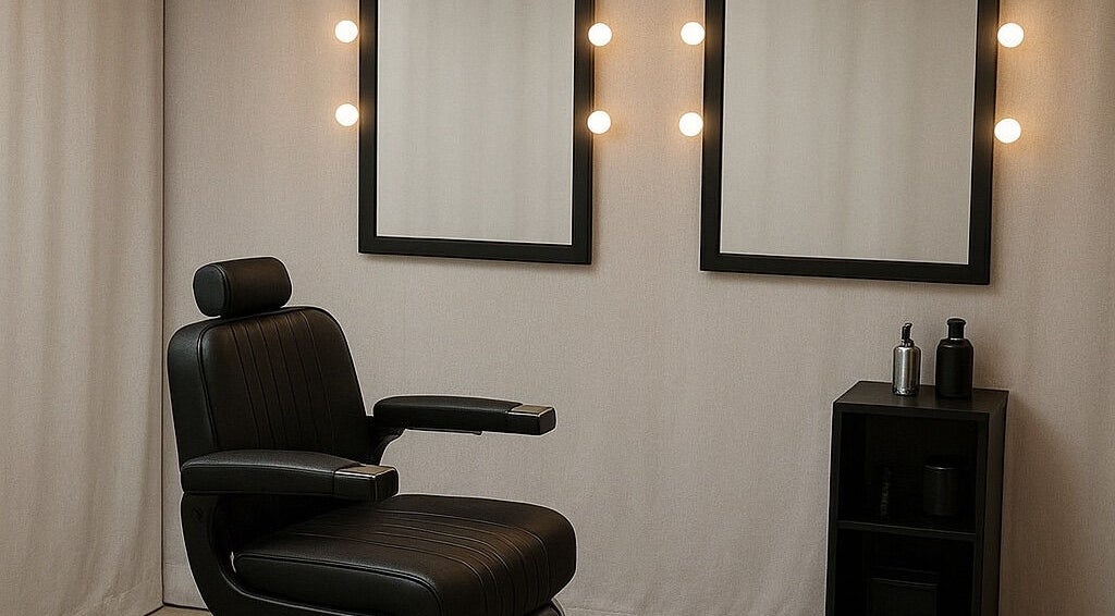 Stylish barber chair at Moe Studio, Ottawa, Ontario, CA, with dual lighted mirrors enhancing the ambiance.