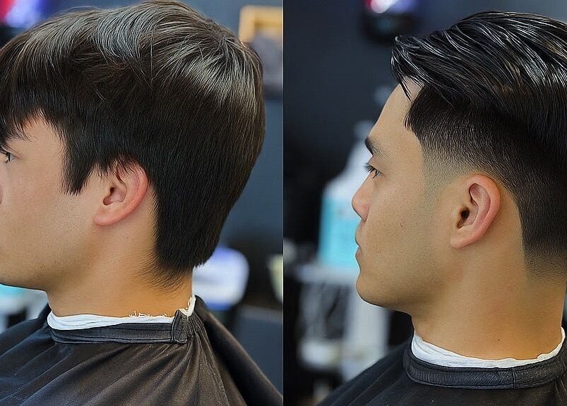 Before and after haircut at Moe Studio, Ottawa, Ontario, CA showcasing a sleek hairstyle transformation.