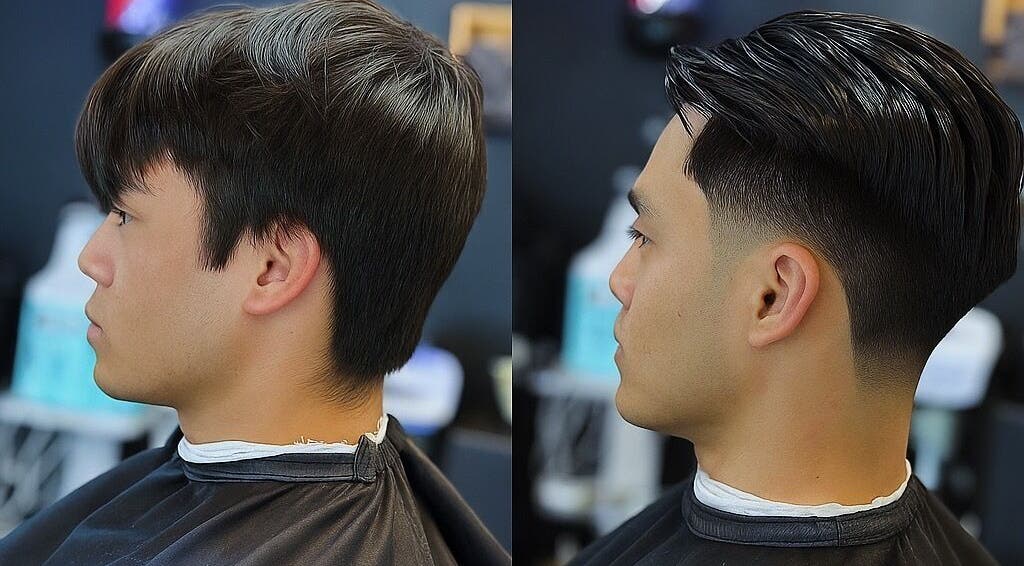 Before and after haircut at Moe Studio, Ottawa, Ontario, CA showcasing a sleek hairstyle transformation.