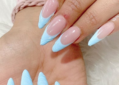 Elegant light blue and pink stiletto nails at 3/285 Bay St, Port Melbourne Vic 3027, Melbourne, Victoria, AU.