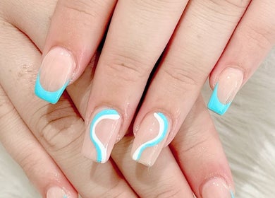 Stylish aqua and white nail art from 3/285 Bay st, Port Melbourne Vic 3027 in Melbourne, Victoria, AU.