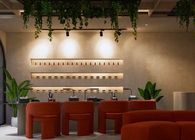 Elegant interior of Mier Nails Salon, Bali, Bali, ID with cozy seating and lush greenery decor.