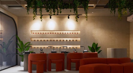Elegant interior of Mier Nails Salon, Bali, Bali, ID with cozy seating and lush greenery decor.