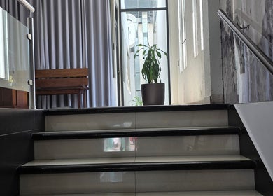Escalera moderna en EDUARDO ESCOBAR ORTODONCIA, Los Reyes De Salgado, Michoacán, MX, con planta decorativa.