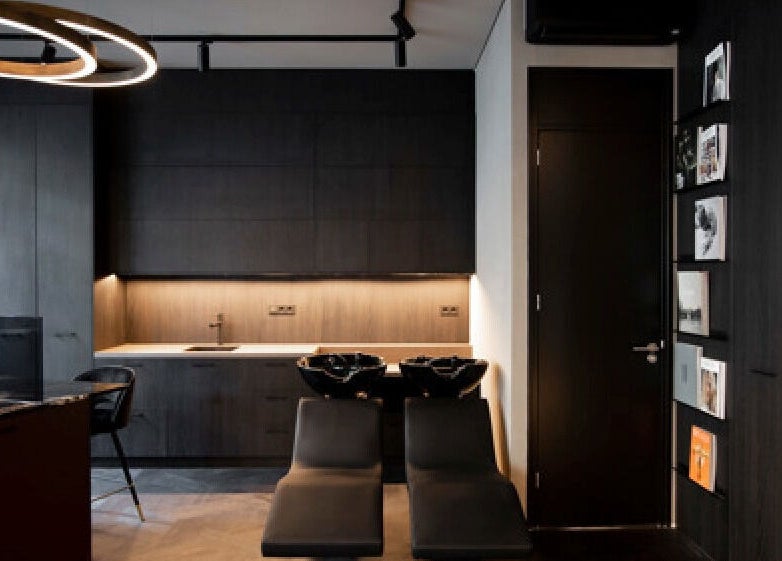 Modern salon wash station and decor at Hairsalon Coup D'état, Amsterdam, NL.