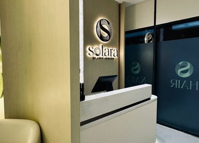 Elegant reception area at Solara Beauty Salon, Dubai, Dubai, AE, featuring a modern design and welcoming atmosphere.