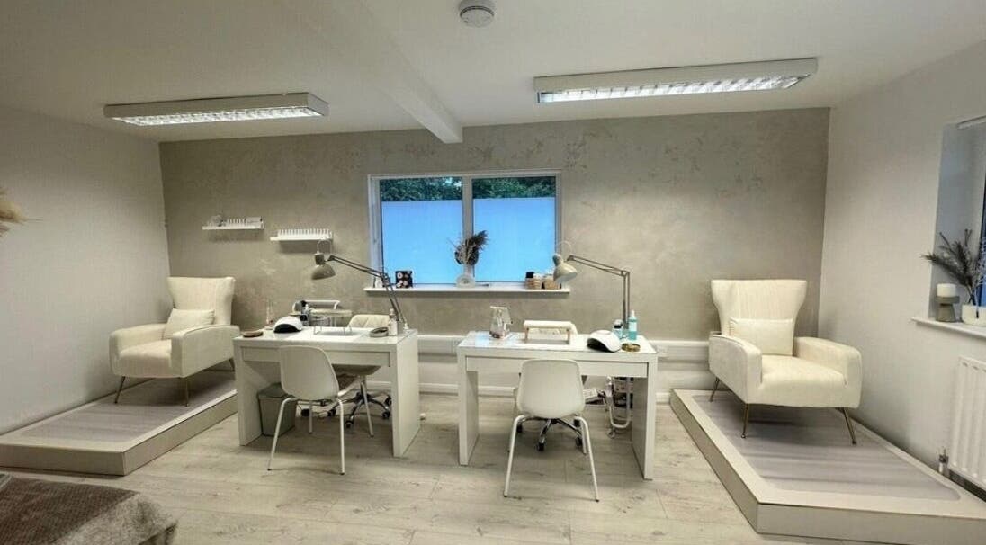 Cozy nail care area at Haus of Whites; plush chairs and tables in Hilton, England, GB.