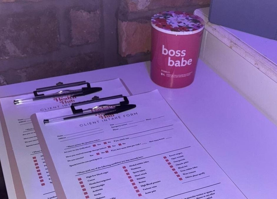 Client intake forms at Hayley's Health Hub in Knowsley, England, GB, ready for new visitors.