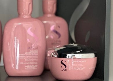 Luxury hair products display at Venus Hair Studio, Episkopi, Cyprus, CY. Enhance your hair care routine.