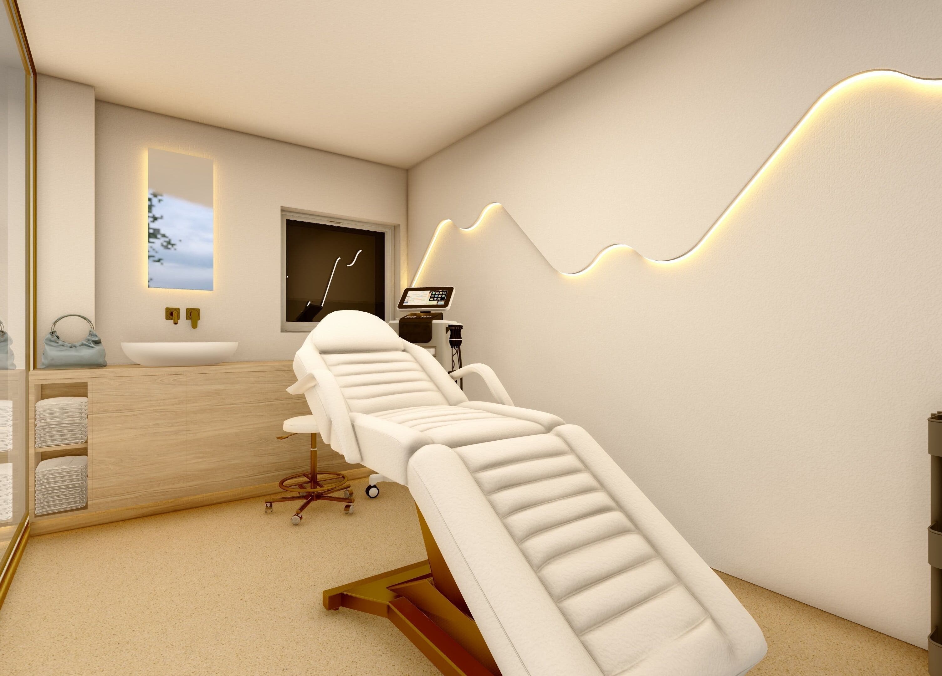 Κομψό δωμάτιο θεραπείας στο Beautyworks Aesthetics, Άρτεμις, GR με κρεβάτι αισθητικής.