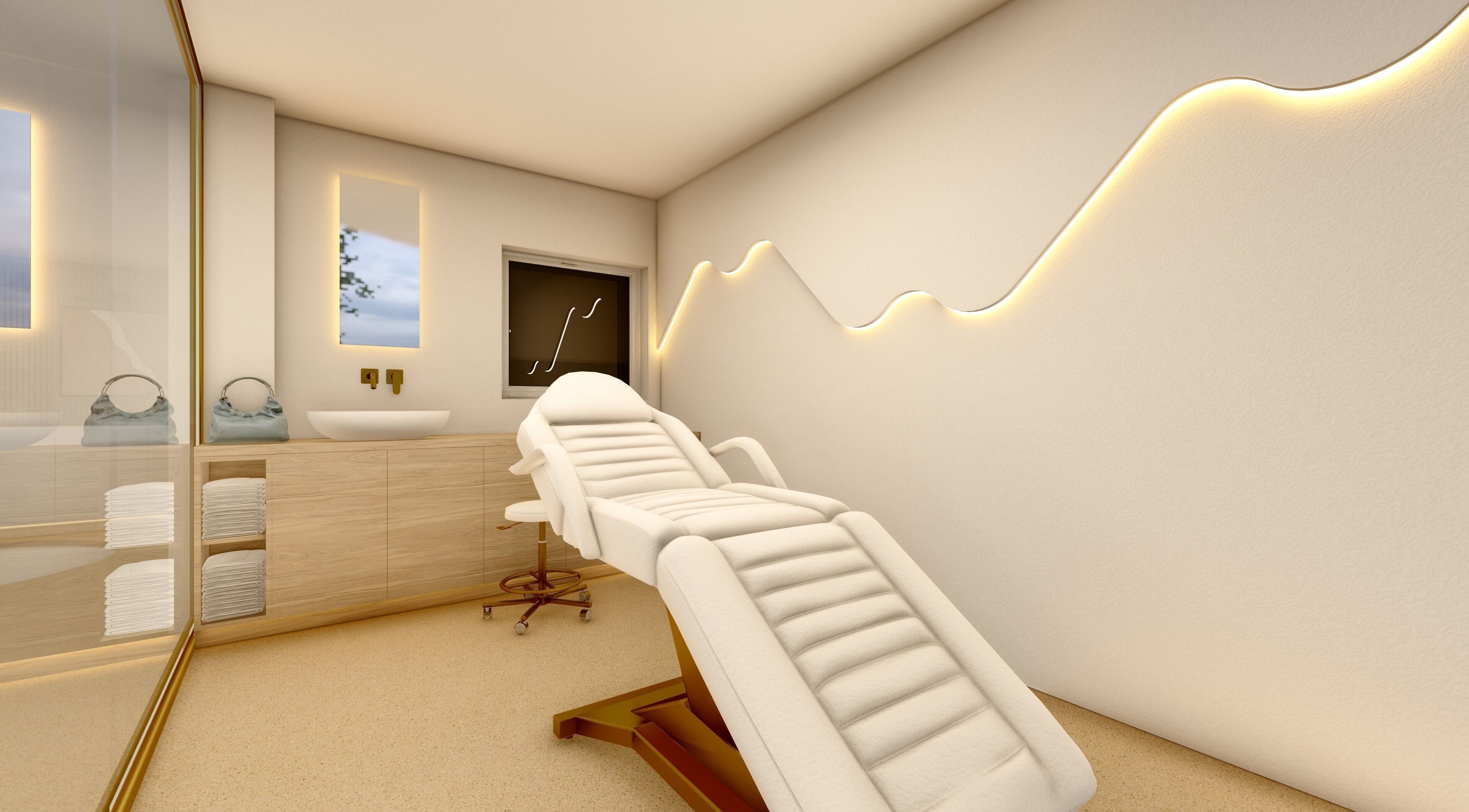 Άνετο δωμάτιο θεραπείας στο Beautyworks Aesthetics, Άρτεμις, GR με φωτισμό και σύγχρονο εξοπλισμό.