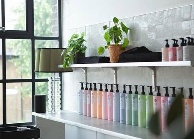 Stylish product display at Hair By Ashley Rose in London, England, GB, featuring lush plants and elegant decor.