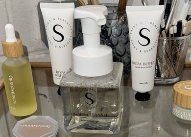 Skincare products at LAnails & beauty, located in Linlithgow, Scotland, GB, arranged neatly on a salon vanity.