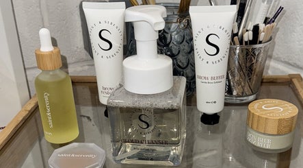 Skincare products at LAnails & beauty, located in Linlithgow, Scotland, GB, arranged neatly on a salon vanity.