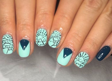 Creative nail art in blue and mint at LAnails & beauty, Linlithgow, Scotland, GB.