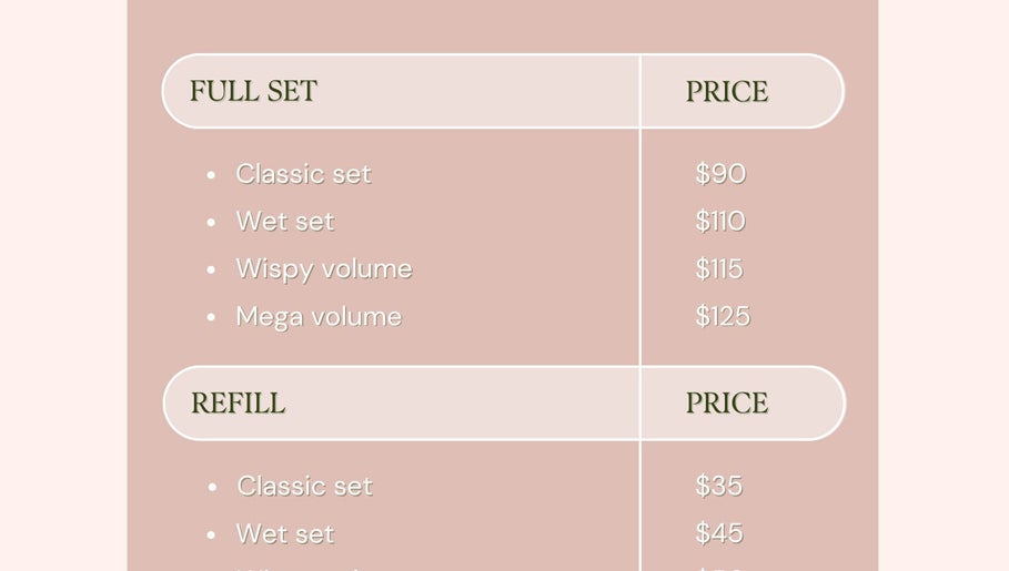 Eyelash extensions pricing chart at SPICE CILS, Carignan, Québec, CA, showcasing full sets and refills.