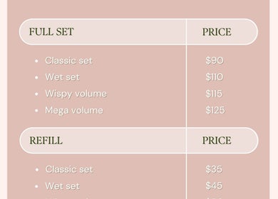 Eyelash extensions pricing chart at SPICE CILS, Carignan, Québec, CA, showcasing full sets and refills.