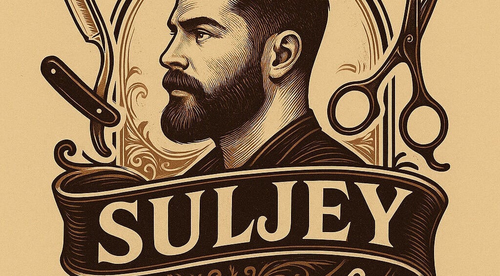 Artistic illustration of Suljey Barbershop logo in London, Ontario, CA with barber tools.